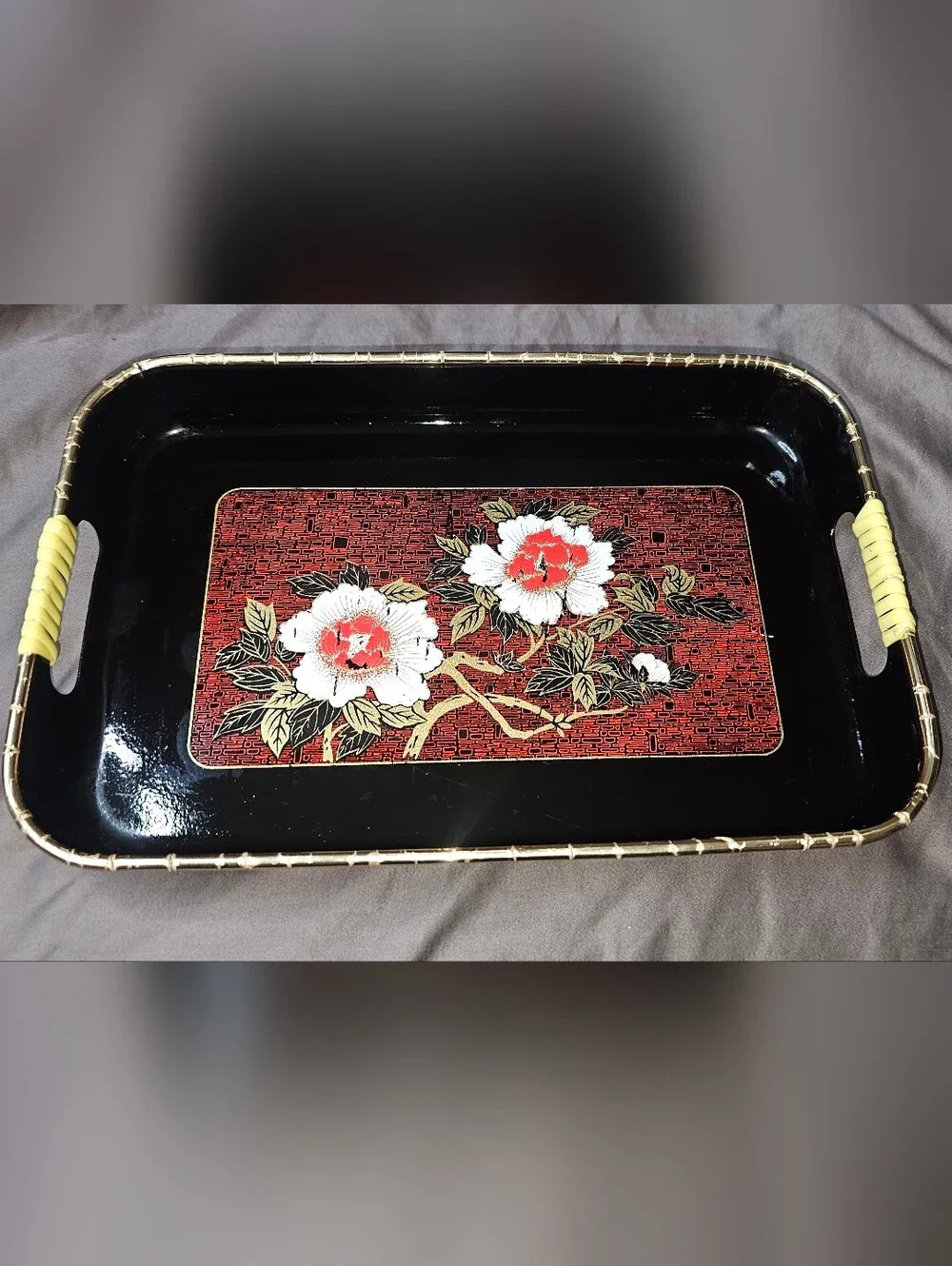 Set Of 2 Japanese Vintage 1970s Decorative Floral Serving Trays